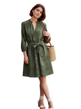 Zara Olive Green Eyelet Embroidered Mini Dress Tie Waist Cotton 3/4 Sleeve Sz L